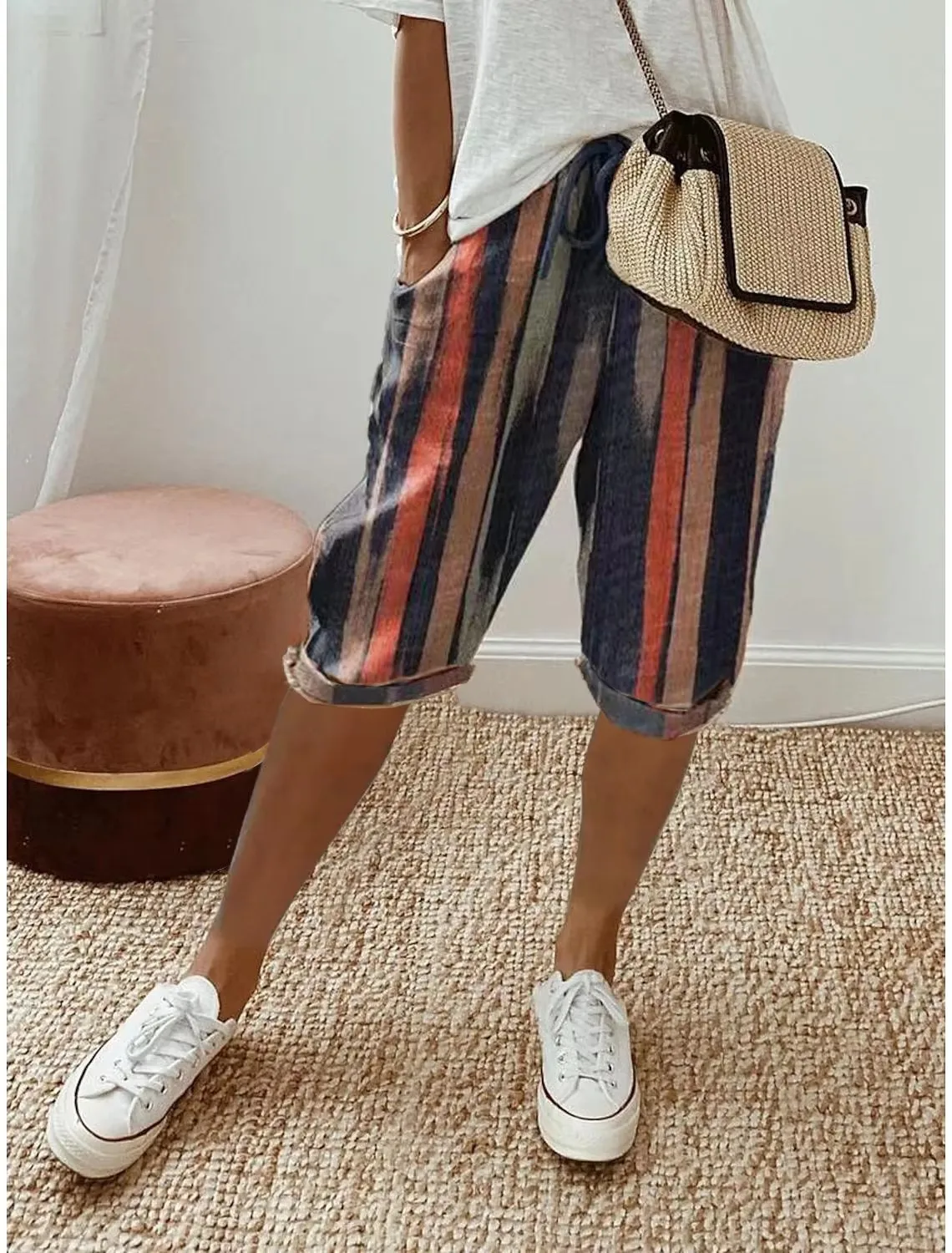 2026 Pants European and American women's cotton linen pocket elastic casual pants women's pants five quarter pants Five Pants