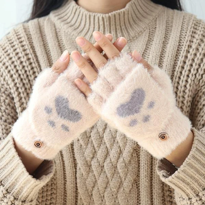 

2 Ways Flip Cover Plush Gloves For Women Girl Bear Cat Paw Warm Glove Winter Fleece Full Half Finger Kids Student Knitted Mitten