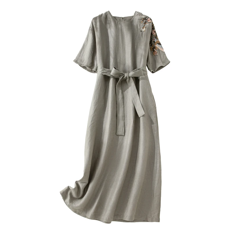 กระโปรงยาวผ้าลินินผสมฝ้ายสไตล์วินเทจสีสันสดใสสำหรับผู้หญิง ดีไซน์ศิลปะทรงหลวม พร้อมเข็มขัดปักลายที่เอว ความยาวปานกลาง