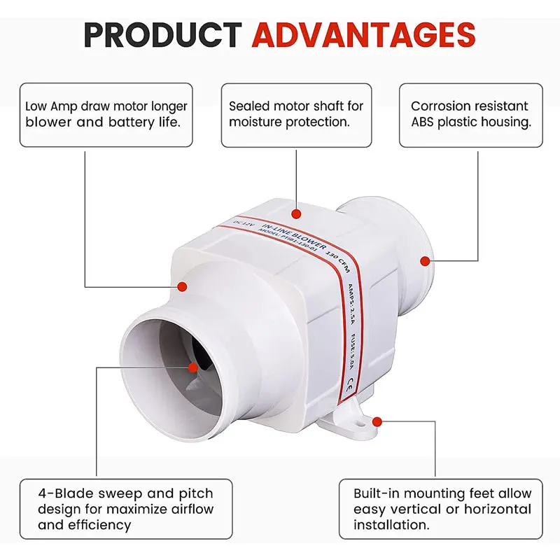 SEAFLO 빌지 송풍기 팬, RV 요트 해양 공기 순환에 효율적인 저소음 에너지, DC 12V, 24V, 4 블레이드, 3 인치, 4 인치