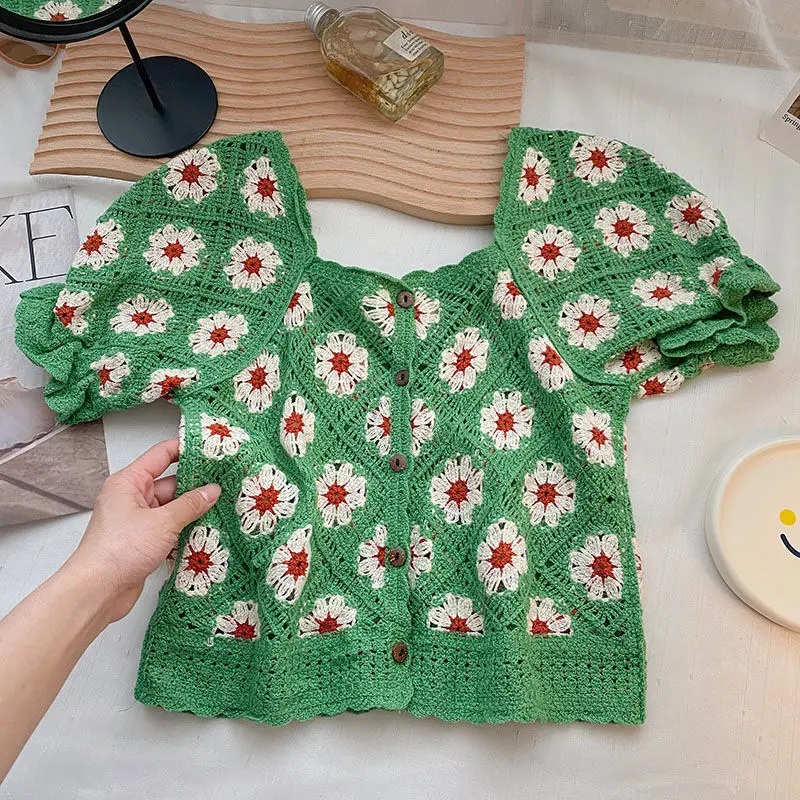 Granny Square Crochet Top Puff Sleeve Square Neck Button Front Open-knit Blouse Crop Cardigan Women Teengirl Fairycore Outfit