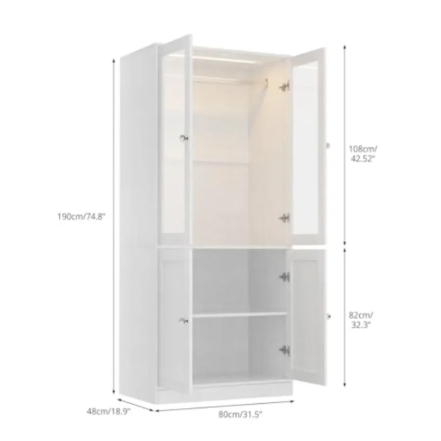 75 Tall Armoire Wardrobe Closet with 2 Glass Doors for bedroom use, engineered wood in white, soft-close hinges and adjustable