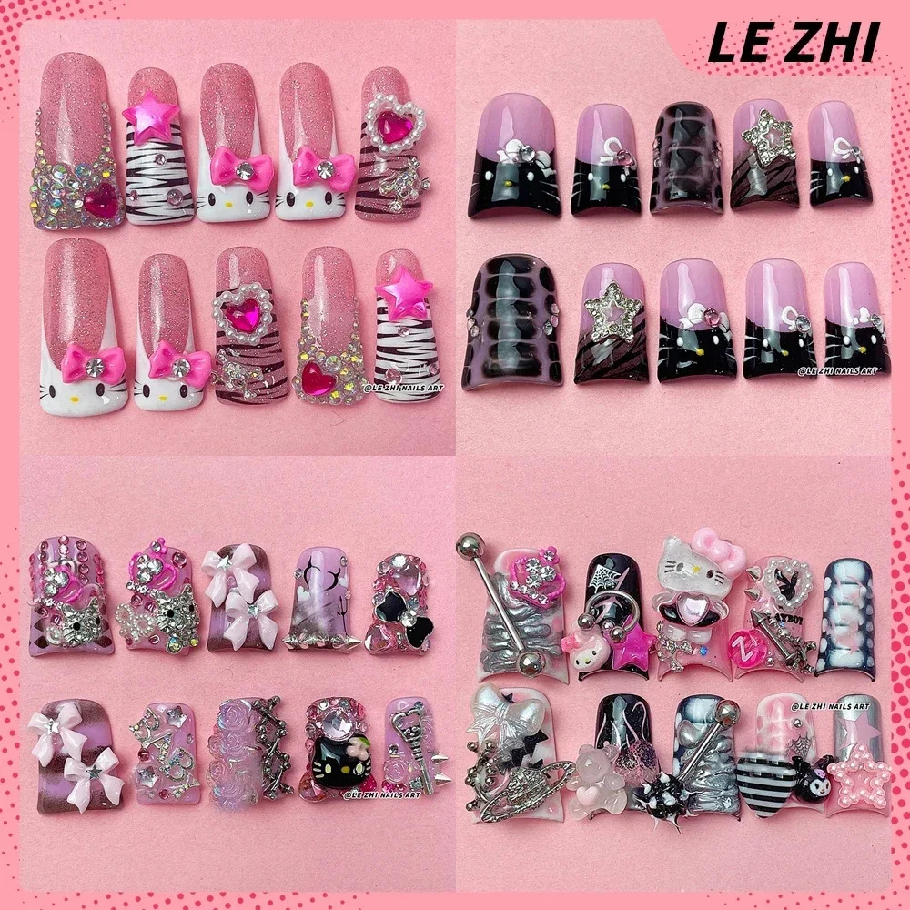 

Spice Girl Y2K Hello Kitty Duck-bill Handmade Nail Tips Mymelody Kuromi Zebra-stripe Duck Web Metal Punk Press on Nails Gifts