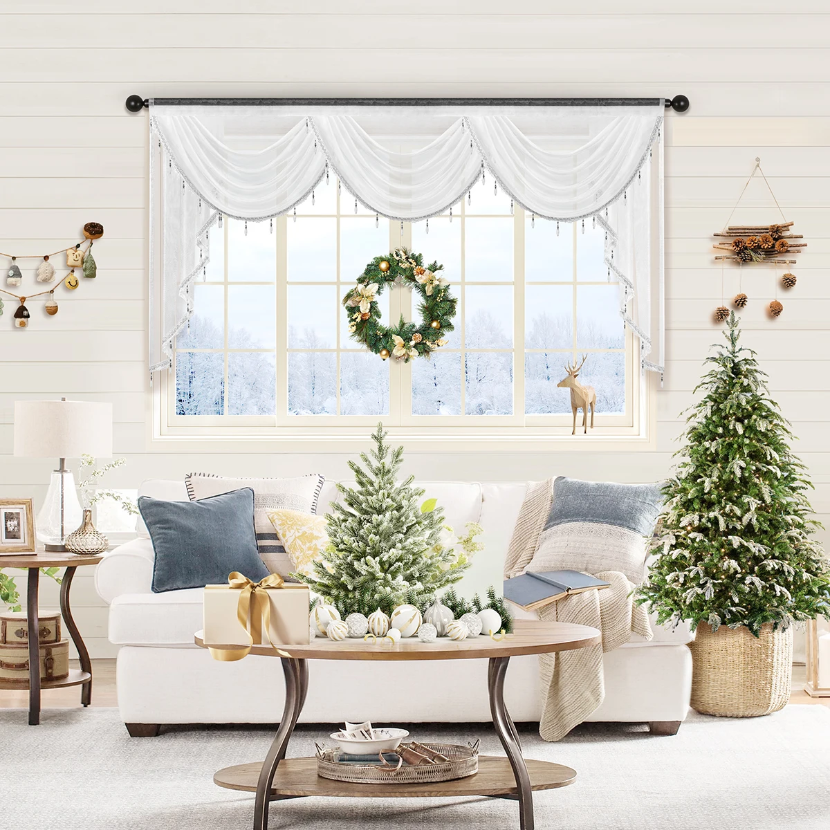 1pc Modern Style White Waterfall Swag Valance for Christmas Festival Decor，Rod Pocket,White Thin Sheer Valance for Living Room