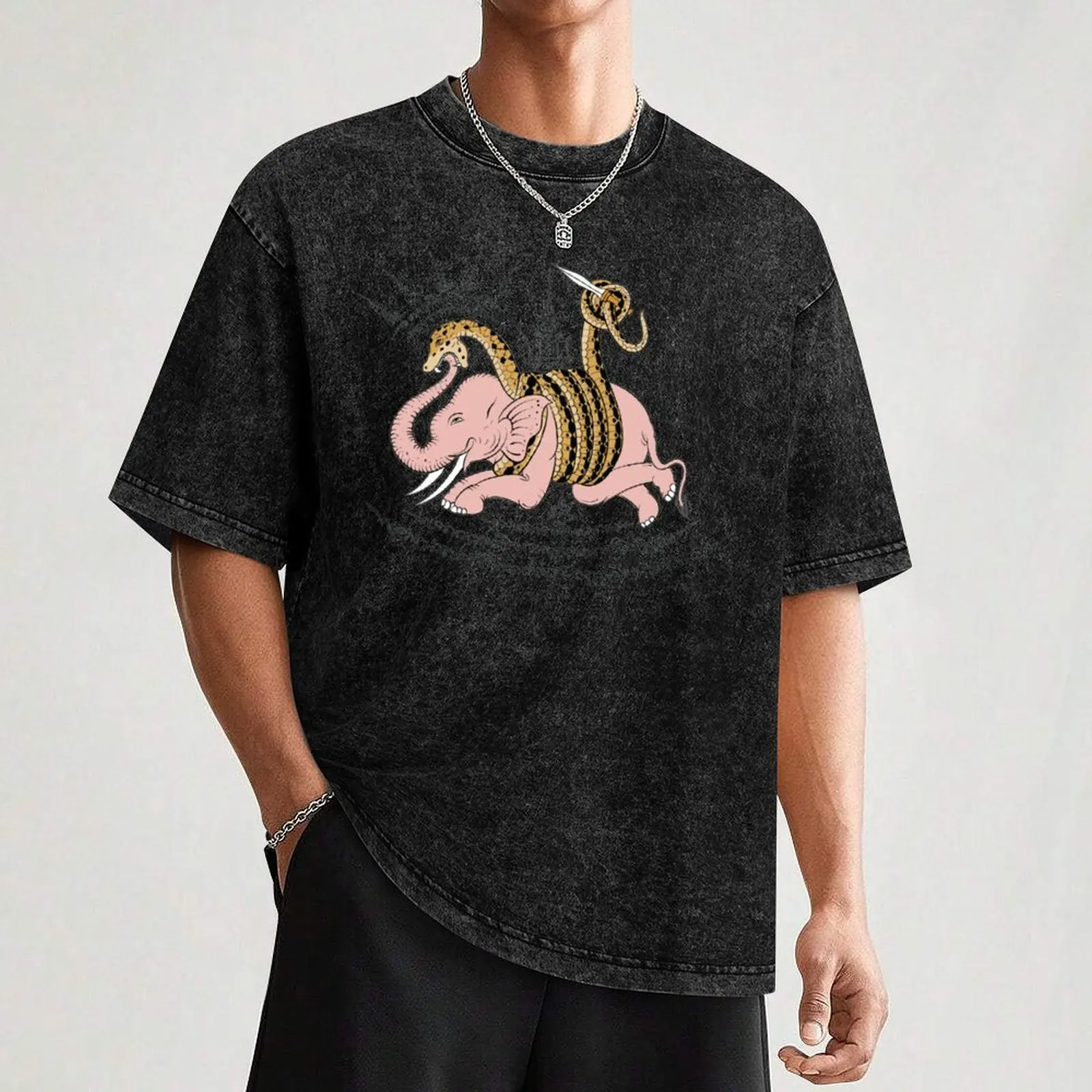 Oriental Tattoo Design 'Snake and Elephant with Magic Spells' T-Shirt Lightweight Cooling Short
