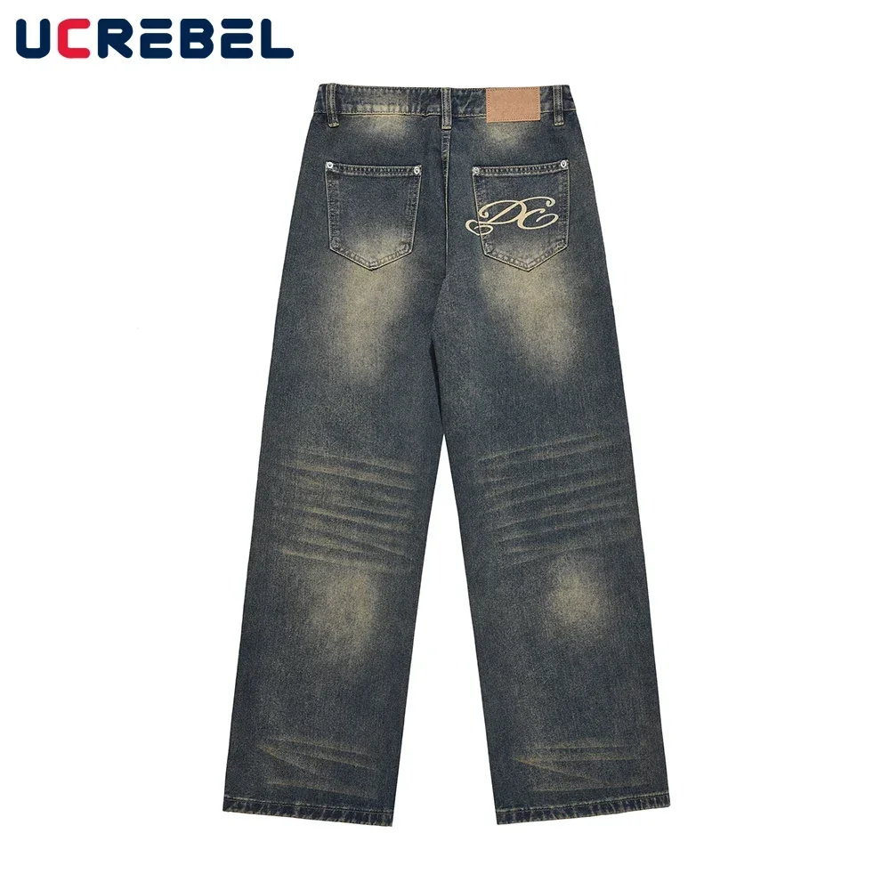 Retro Casual Denim Wide Leg Mens Y2K Streetwear  Washed Blue Straight-leg Pants Men Jeans