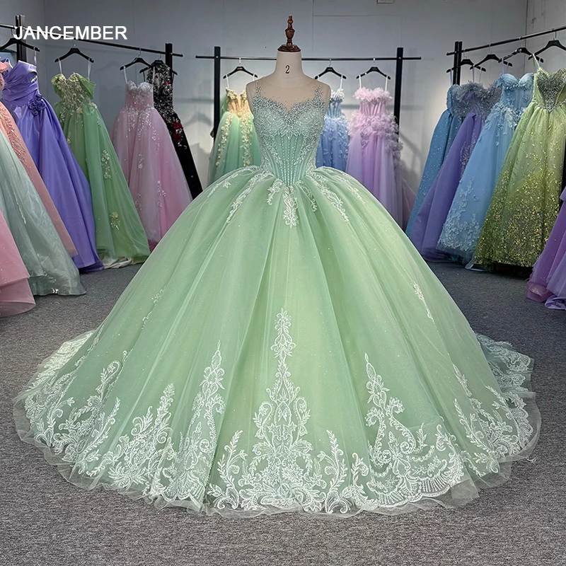 Green O Neck Quinceanrra Prom Dresses Beautiful Sleeveless Customized Princess Long Glitter Sweet 16 Dress Vestidos DY6824