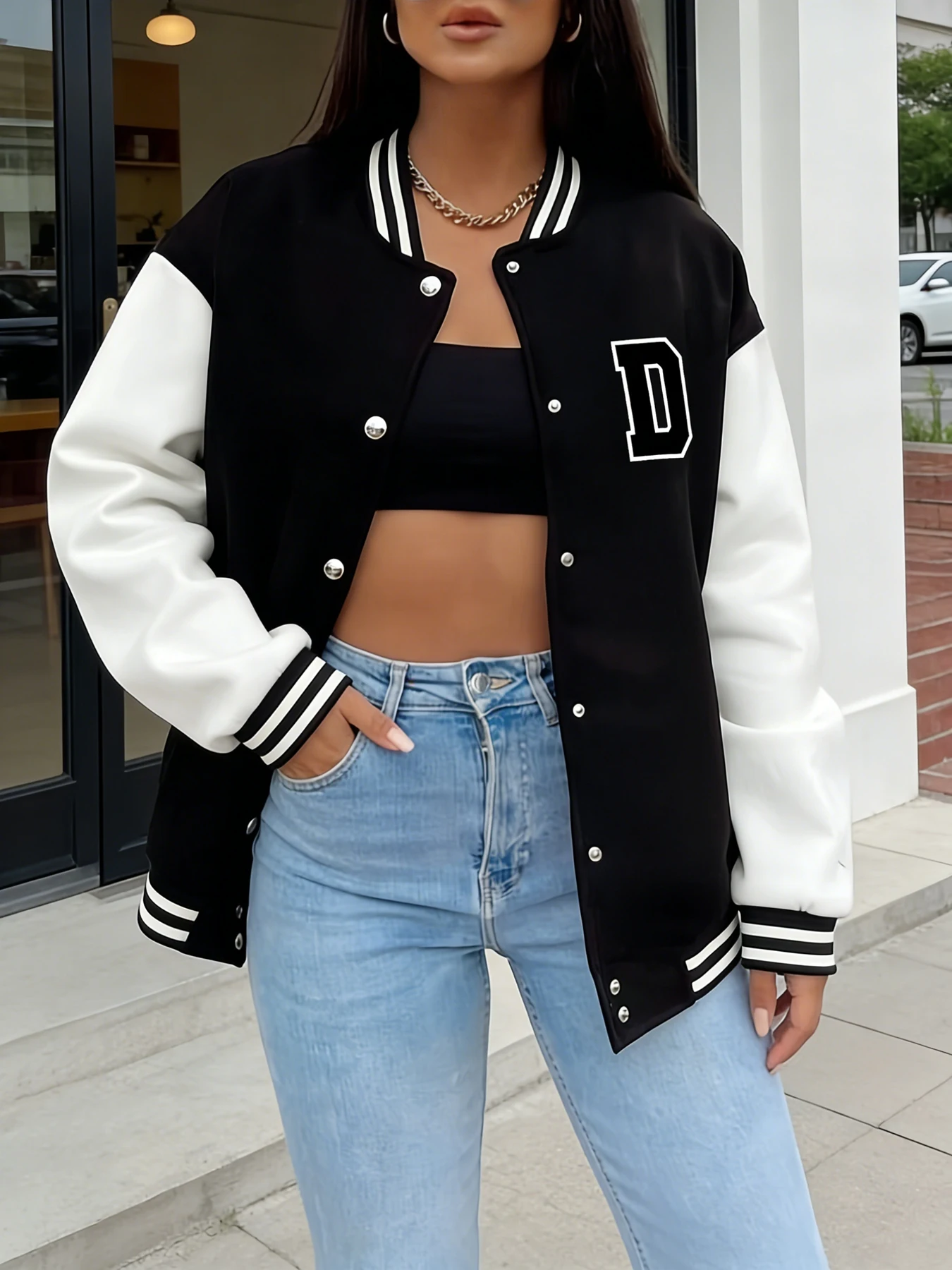 

Женская университетская куртка большого размера с буквенным принтом D, куртка-бомбер с длинными рукавами и пуговицами спереди, модная уличная верхняя одежда, повседневная одежда