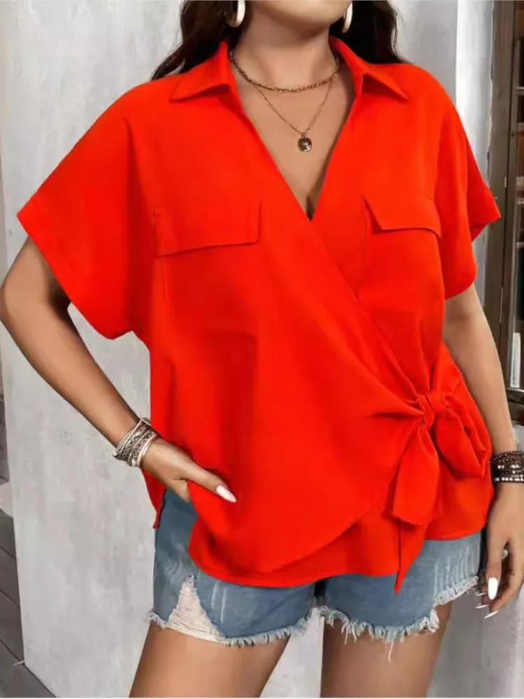 Plus Size Sommer V-Ausschnitt Tops Frauen unregelmäßige Bogen Mode unregelmäßige lose plissierte Damen Blusen Kurzarm lässig Frau Tops