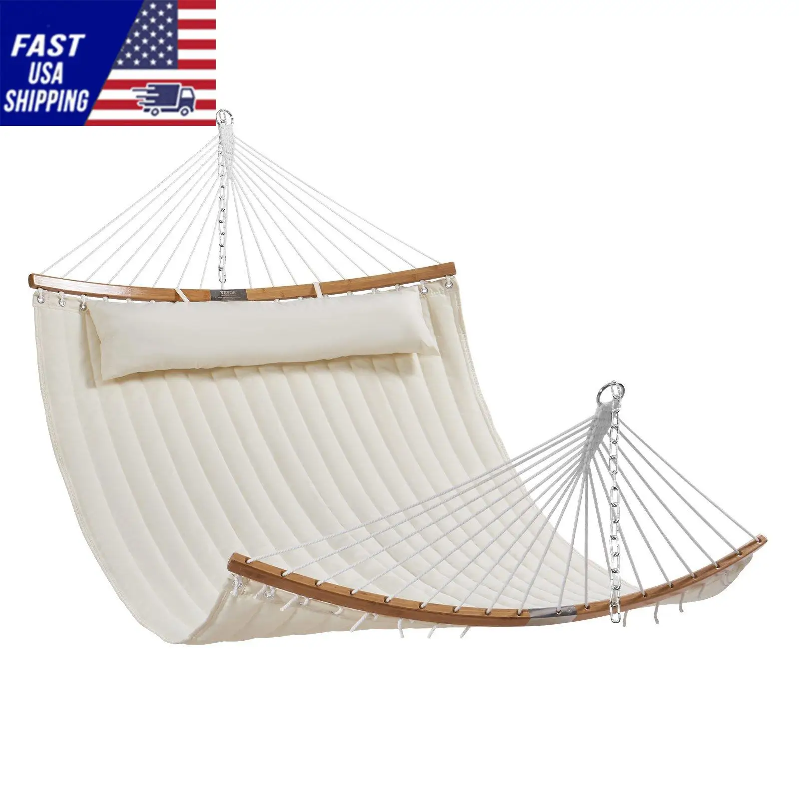 Double Quilted Fabric Hammock, 12 FT Double Hammock with Curved Spreader Bars, 2 Person Quilted Hammock with Detachable Pi