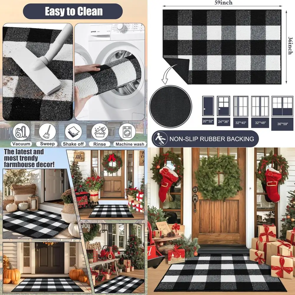 

Black and White Checkered Outdoor Rug, 36x59 with Rubber Backing for Non-Slip Indoor Use, Absorbent and Washable Entryway Mat, I