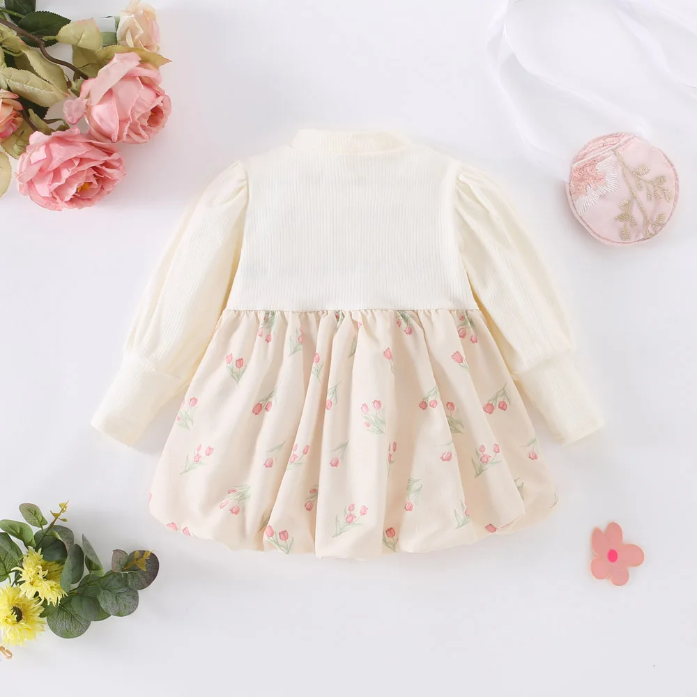 Spring and Autumn Baby Girl Dress Girls Long Sleeve Top with Splicing Bow Flower Print Elastic Strap Dress Fake Two Piece Set