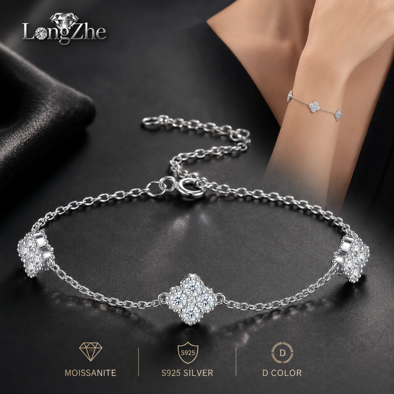 S925 Sterling Silver Moissanite Bracelet Round Cut Leaf Cluster Station Chain for Women Daily Wear Anniversary Fine Jewelry Gift