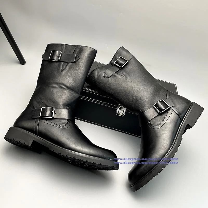 

Black Leather High Top Men's Boots Buckle Strap Side Zipper Motorcycle Boots Trendy Luxury Designer Men's Shoes Botas Mujer