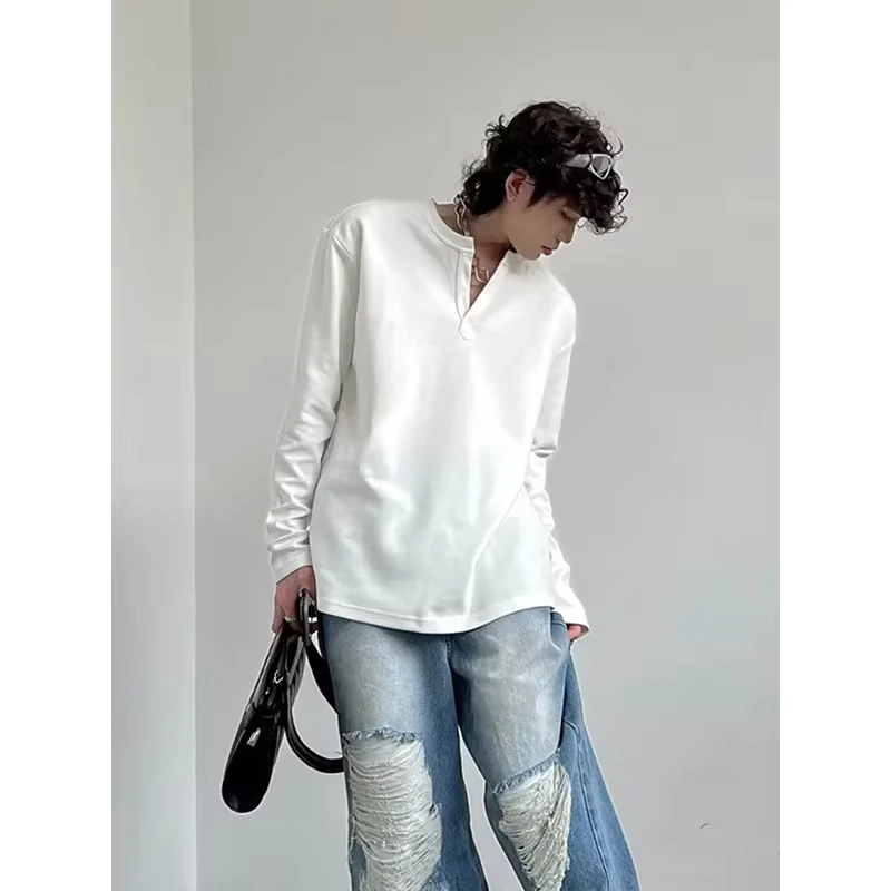 

Spring Autumn New Fashion Men's Black White Brown Solid Color Long Sleeve V-neck Casual Trendy Loose T-shirts Male Undershirts