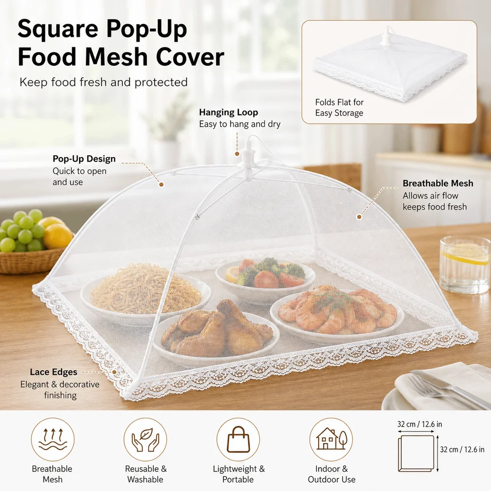 New Foldable Food Mesh Cover Washable Breathable Food Umbrella Hanging Loop Lace Edges Pop-Up Food Cover Home Meal Protection