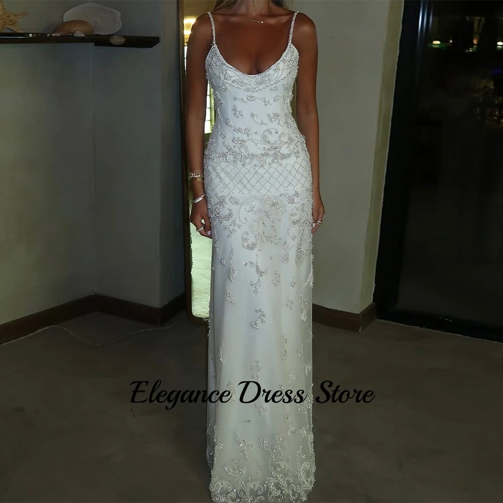 Biała Sukienka Wieczorowa z Koronką, Szyta na Miarę, Dekolt Okrągły, Cienkie Ramiączka, Sukienki na Powrót do Szkoły, Błyszczące Kryształowe Perły, Suknie na Przyjęcia