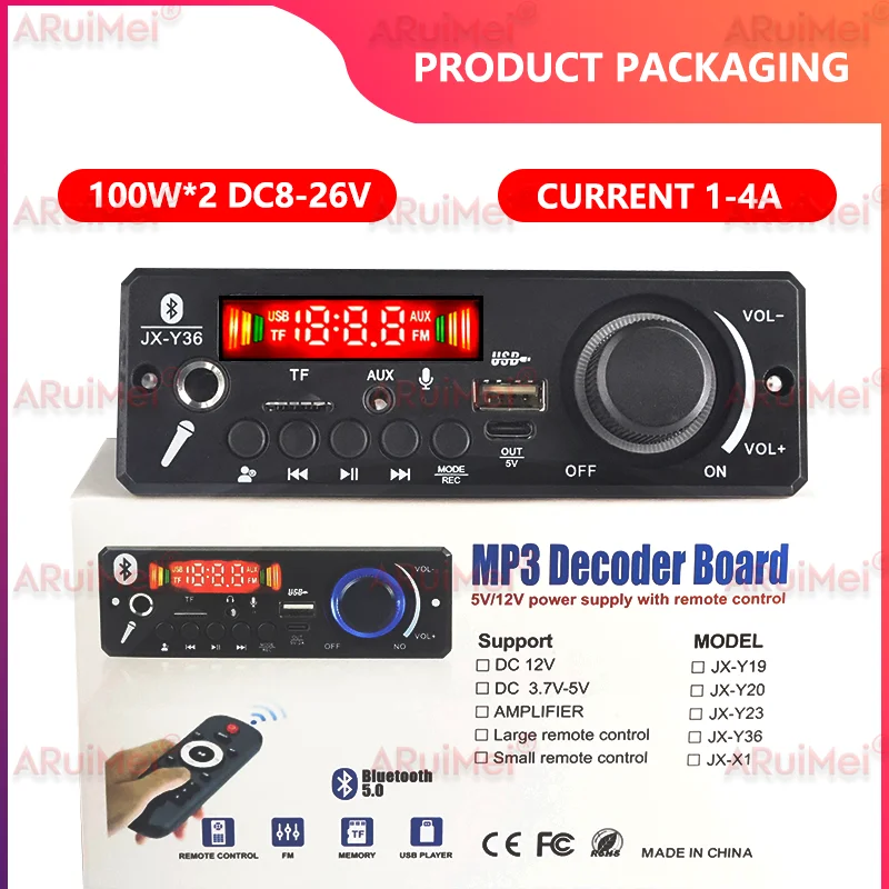 

2x100W Amplifier Bluetooth 5.0 MP3 Decoder Board, Car Audio Stereo System with FM Radio TF/USB Recording Handsfree Call DC 8-24V
