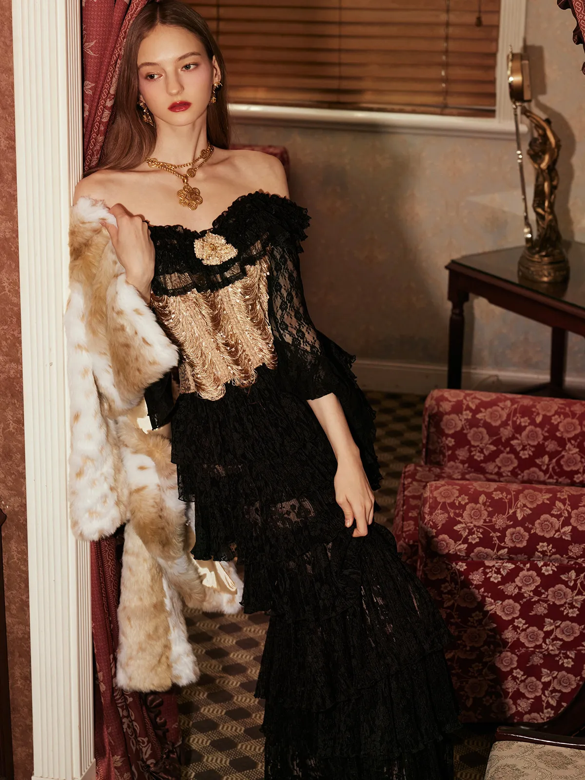 

Women's French Vintage Courtly Lace Maxi Dress Off Shoulder Gold Corset Tiered Ruffle Skirt Party Evening Gown