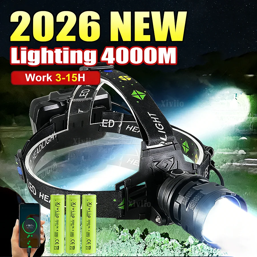 High Power Headlight 18650 Rechargeable LED Front Lamp Long Range 4000M Head Lanterns  Camping Fishing Hunting Head Flashlight