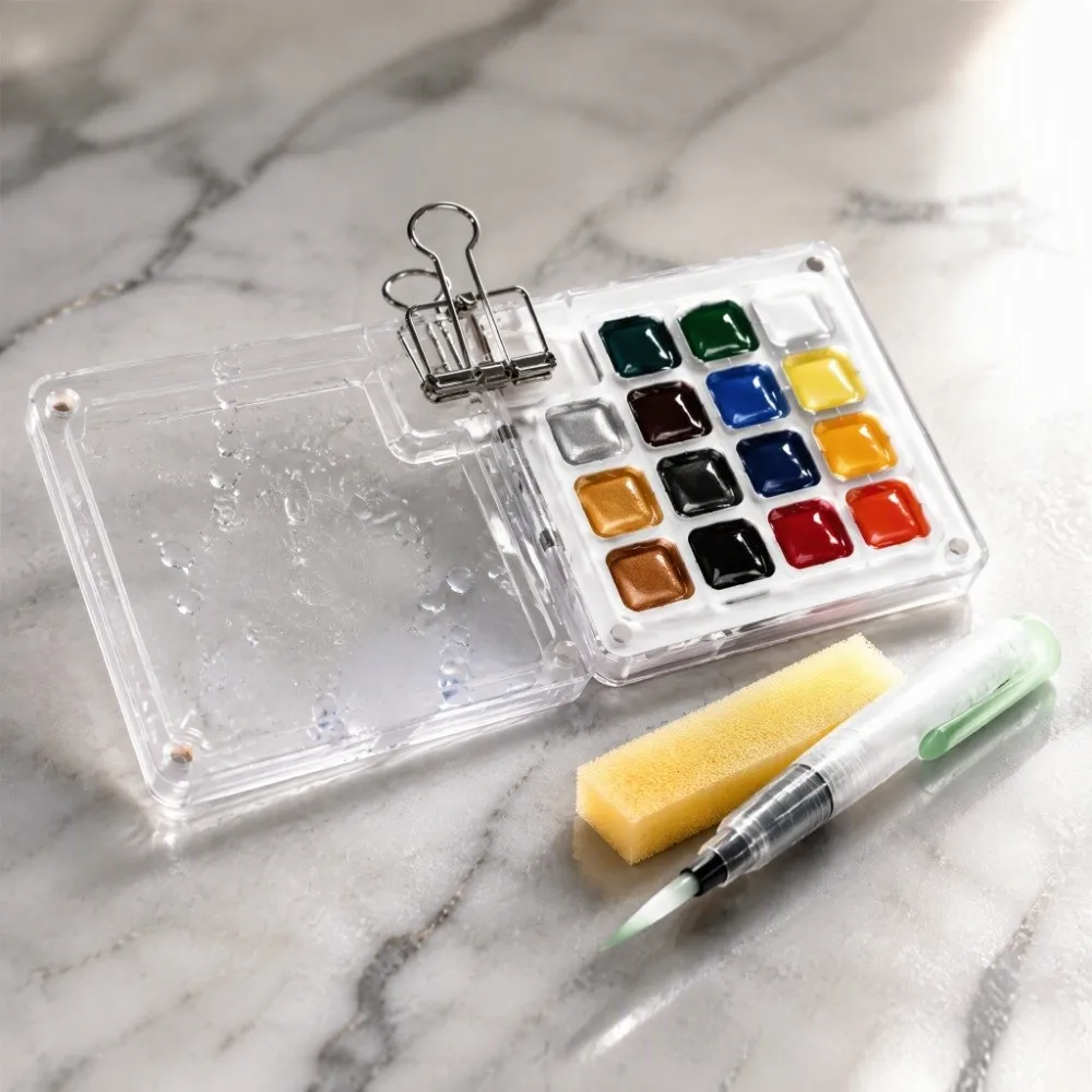 DIY Mini Watercolor Paint Palette Foldable Waterproof Paint Pigment Box with Clip Portable Travel Painting Tray Artist
