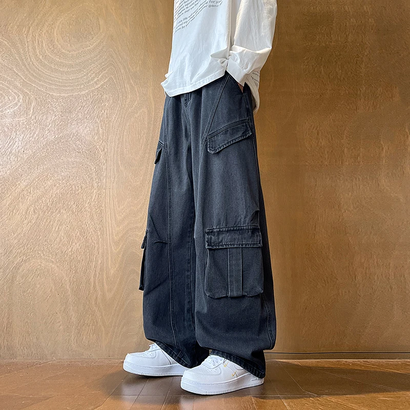 

Осенние новые широкие джинсовые брюки, мужские брюки нейтрального цвета, свободные повседневные модные карманные брюки-карго, большой размер