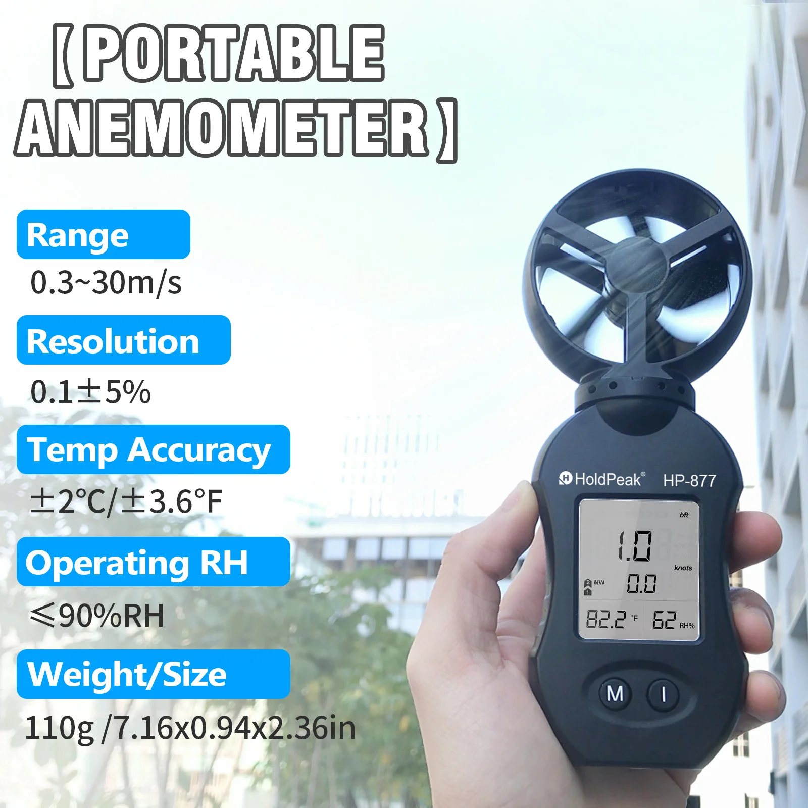 

Anemometer With Temperature And Humidity Measurement HP-877 With Tripod Mount 0.3~30M/s Weather Station Anemometer Airflow Meter