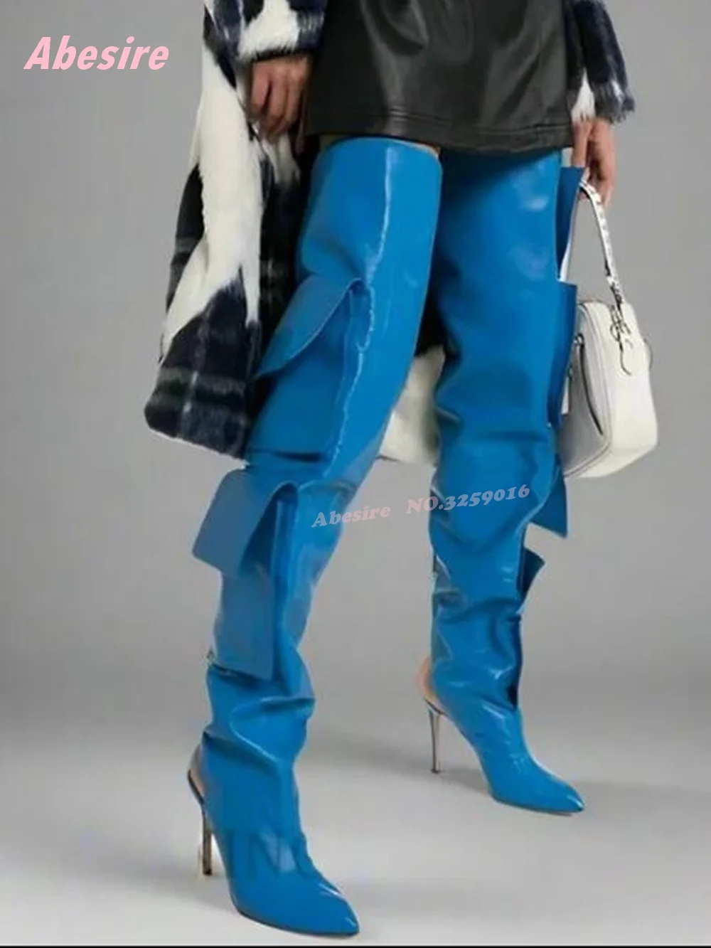 Black Pocket Slingback Long Boots Leather Patchwork Stiletto Heels Winter Boots for Women Pointy Toe Luxury Runway Shoes Sexy
