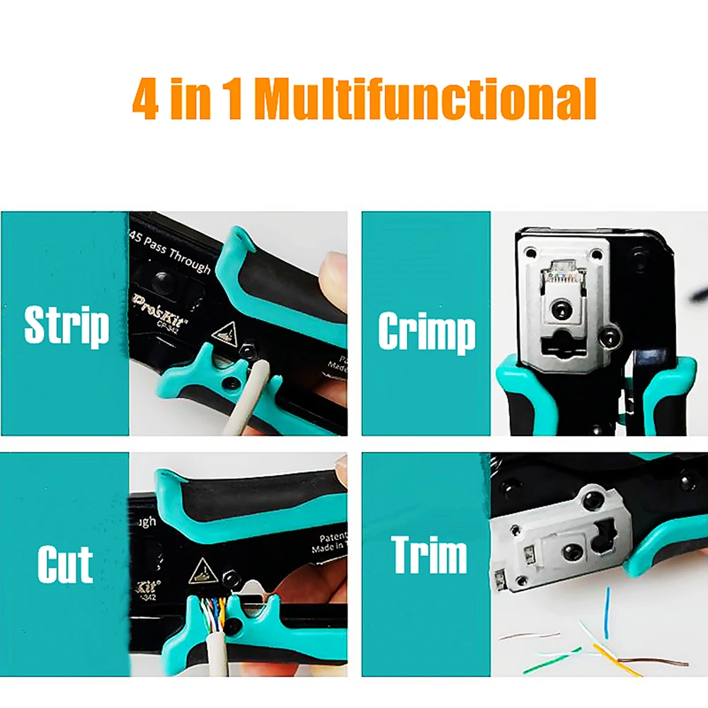 ProsKit CP-342 Wire Crimping Pliers 8P8C RJ45 Perforated Crystal Head Crimping Tool 4 In 1 Ethernet Network LAN Cable Stripper