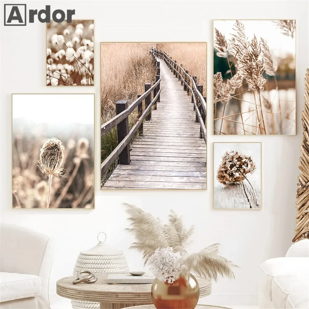 Dried Flower Reed Poster Pictures Plant Hay Bridge Prints Canvas Painting Lake Bird Wall Art Nordic Posters Living Room Decor