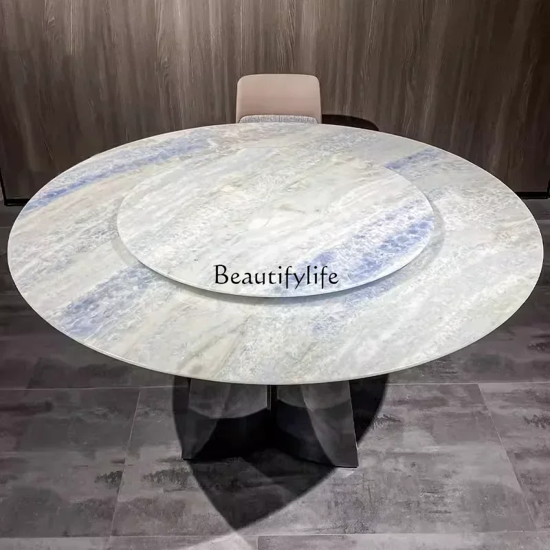 

yj39Blue crystal natural marble dining table Italian light luxury high sense with turntable round luxury stone dining table