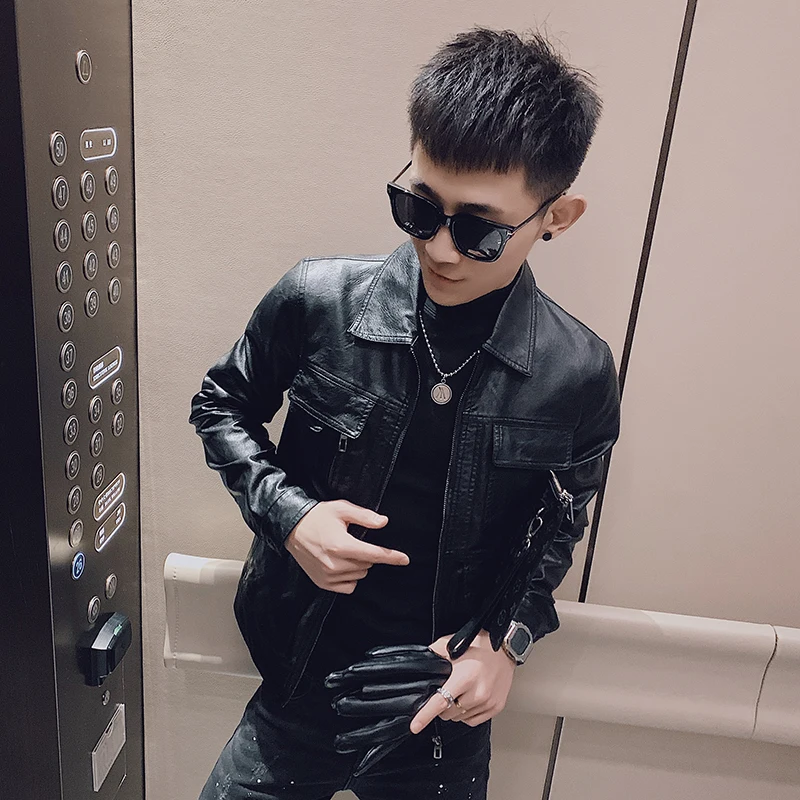 

Trendy ort Mens Leather Jaet Slim Fit Biker Sle Collar Autumn Winter Small Size Youth Faion Casual Outerwear Coat