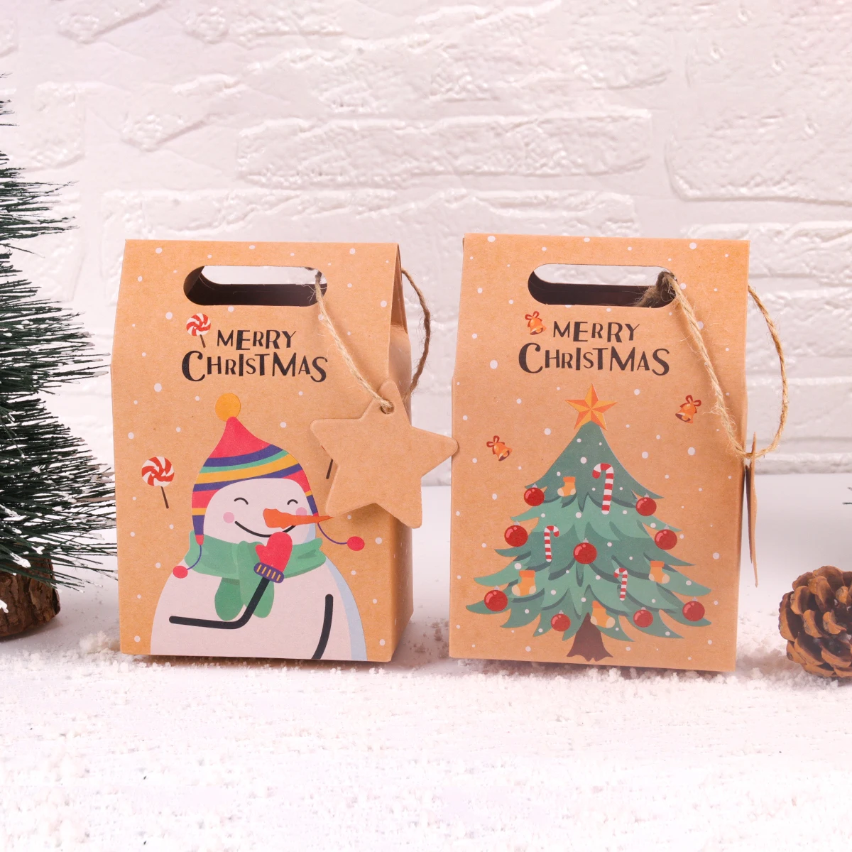 6/12pcs Christmas Candy Gift Box with Tag Kraft Paper Santa Cookies Gift Packing Bags Xmas New year Party Favor Pouch Wrapping