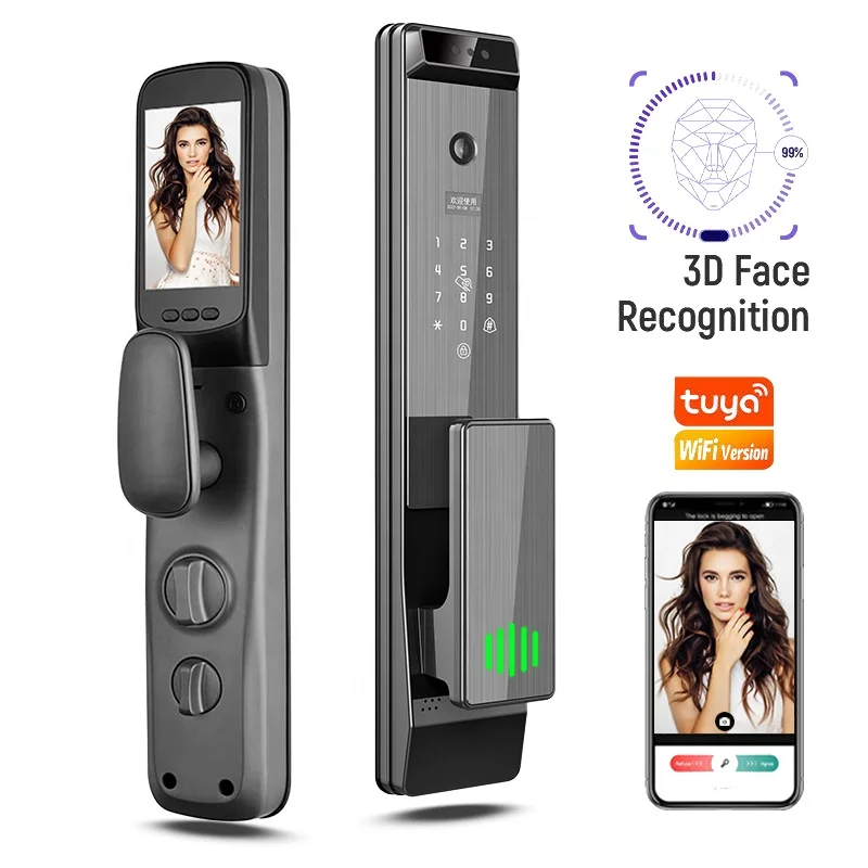 

New models wooden door smart lock Face Recognition Digital Fingerprint Password Card Key unlock Smart door lock With Doorbell