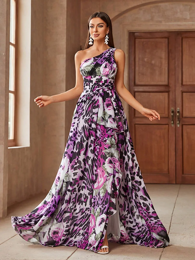 TOLEEN 2024 New Summer Casual Elegant Holiday Dresses Women Asymmetrical Neckline High Slit Floral Leopard Print Ball Gown Dress