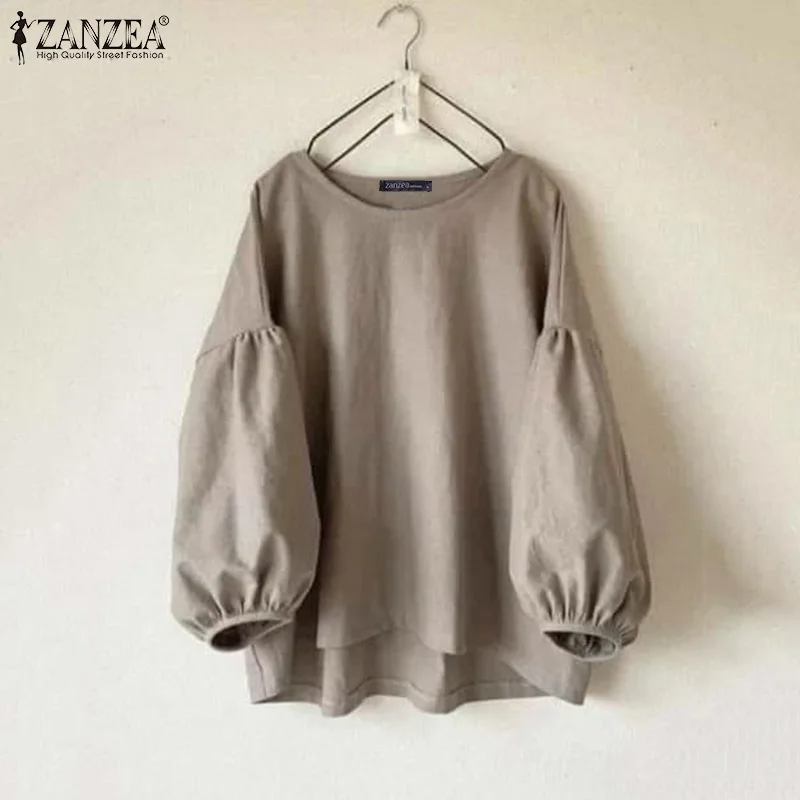 ZANZEA Damen-Blusen in Übergröße, lässig, Laternenärmel, Rundhalsausschnitt, einfarbig, High-Low-Tops, Frühling, minimalistisch, Blusas de Mujer, 5XL