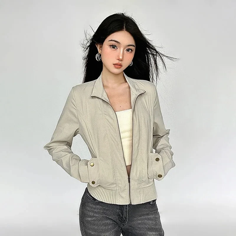 

Женская американская винтажная куртка-карго на молнии с длинным рукавом, тонкая уличная одежда, пальто Harajuku Y2K, байкерский укороченный топ с карманами, повседневный