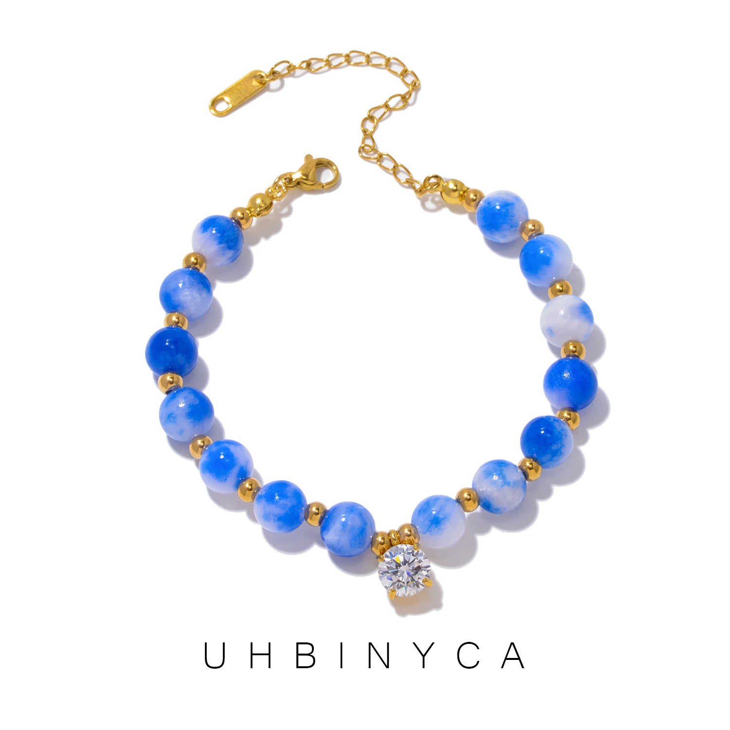 Natural Stone & Stainless Steel Beaded & Zirconia Bracelet for Women, Waterproof Statement Jewelry, Elegant Daily Gift for Women