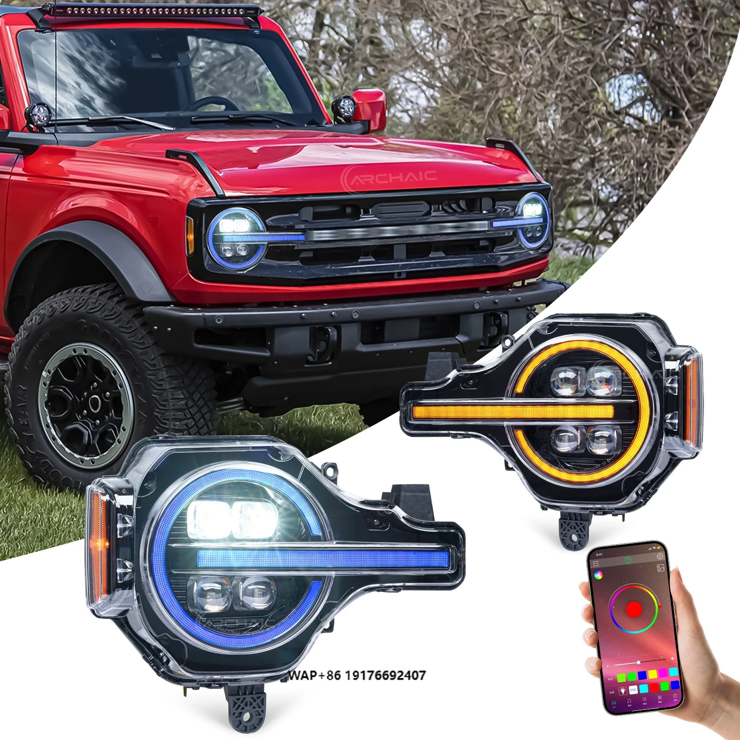 

Full LED Headlight for Bronco Raptor 2021-2024 DRL Sequential RGB Colorful Lights App Control 12V New Plug & Play 6000 Lumens