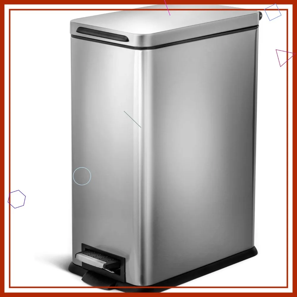 

8 Gallon Slim Stainless Steel Kitchen Trash Can with Soft Close Lid, Step Pedal, Bag Tuck Band, Removable Liner