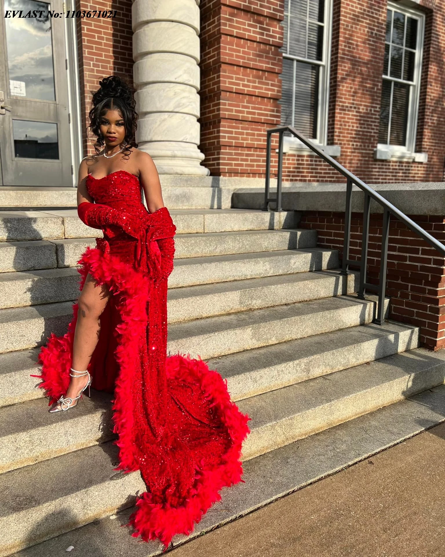 EVLAST Customized Red Sequins Mermaid Prom Dress For Black Girls High Slit Feather Beaded Party Gala Gown Robes De Soiree P25