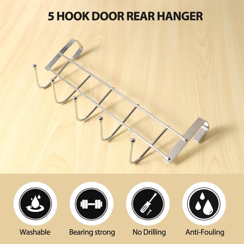 Over The Door 5 Hooks Home Bathroom Organizer Rack Clothes Coat Hat Towel Hanger Stainless Steel Good Load-Bearing