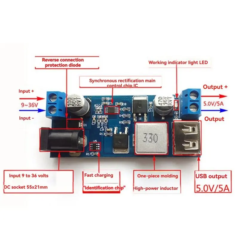 ABMH-USB Charging Module 4PCS DC-DC 24V/12V To 5V 5A Step-Down Power Supply Buck Converter Adjustable For Phone