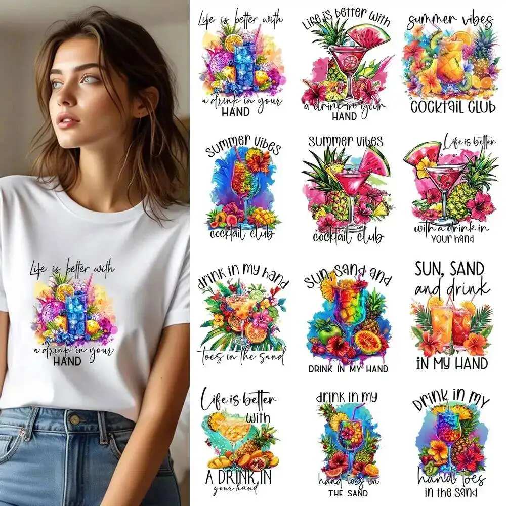 25CM Tropic Affair Summer Fruit Juice Transfer Patches For Clothes Sticker DIY A-Level Washable Shirt Iron-on Thermal Stickers