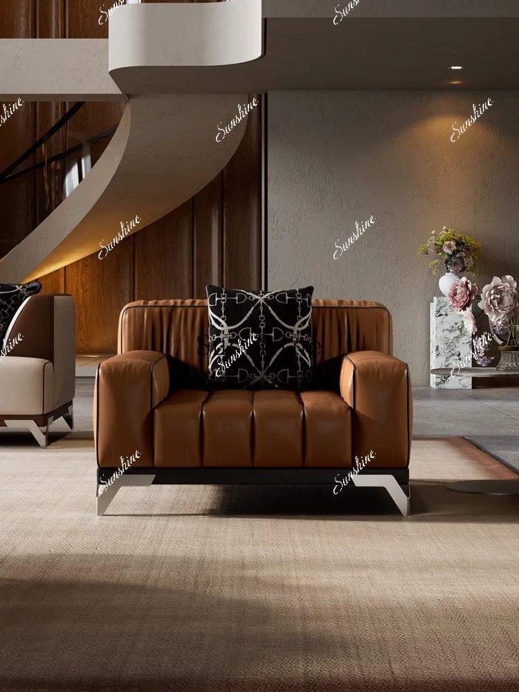 

Italian light luxury casual piano keys retro living room leather sofa single chair FT
