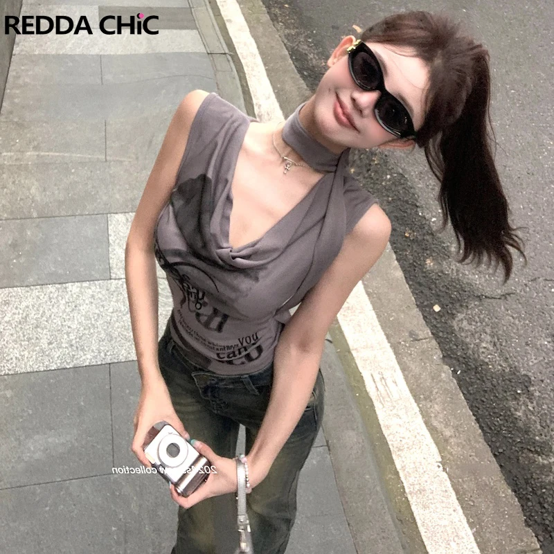 REDDACHiC Scarf Cowl Neck Tank Top Women Gray Stretch Graphic Print Sleeveless Vest Aesthetic Grunge Y2k T-shirt Summer Clothes