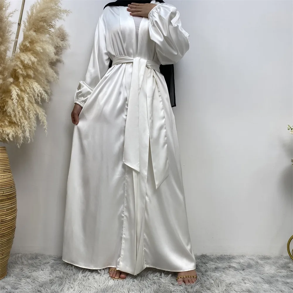 Femme Musulman Satin Abayas for Women Dubai Turkey Kaftan Kimono Jalabiya Muslim Dress Belted Robe Open Abaya Islamic Clothing