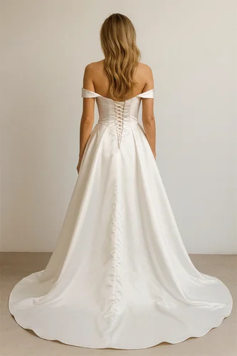 Imagen 2 del producto Kyoto personalizar marfil fuera del hombro plisado vestido de novia Línea A corte tren vestidos de novia con cordones en la espalda vestidos de noche