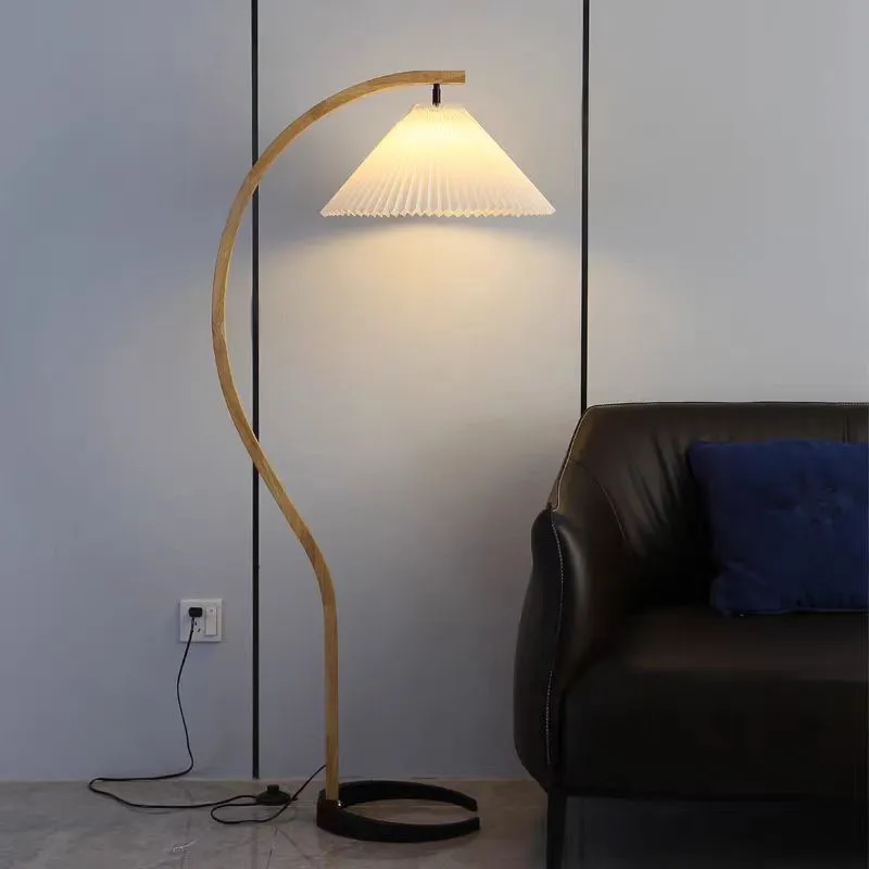 Japanese Curve floor lamp LED Soild Wood stading Lamp pleated lampshade Living Room Bedroom Study Decor sofa side reading Light