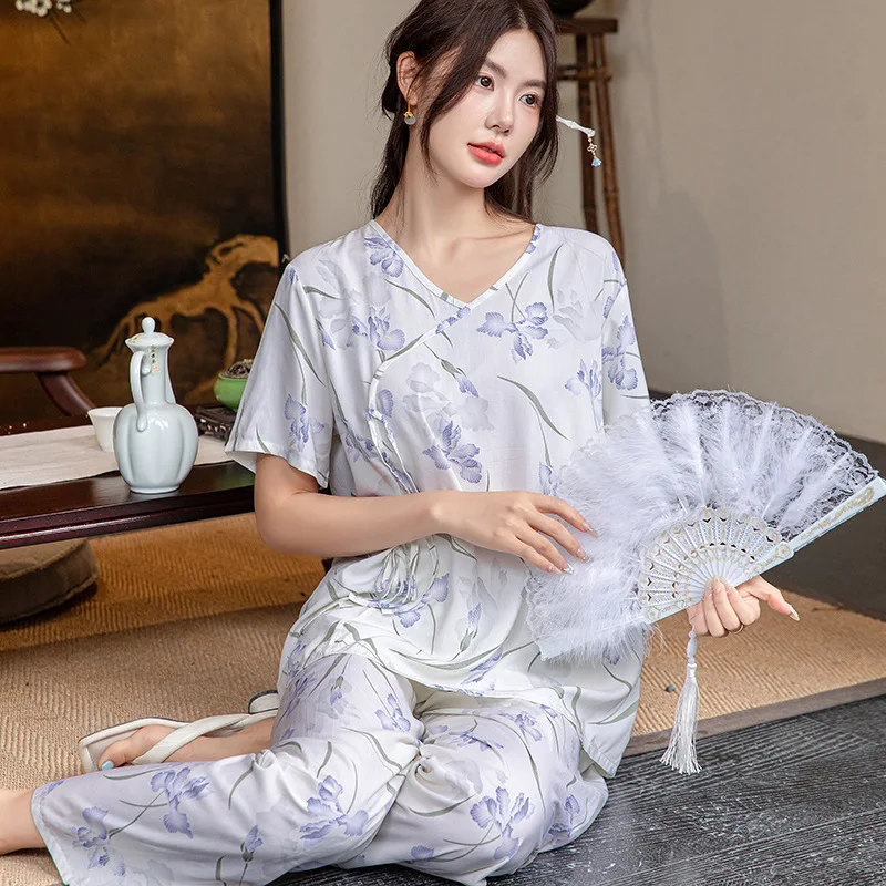 Cotton Silk Homewear Outfit Satin Pajama Sets Ensembles 2 Piece Pants Trouser Ruffled Lady Outfit Lounge Women Pijama Sleepwear